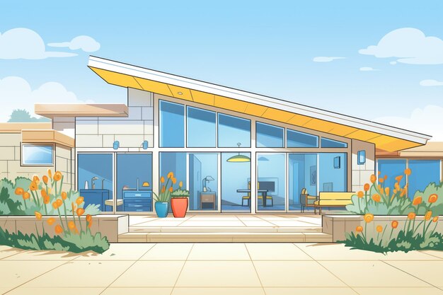 Modern ranch architecture featuring walltowall windows magazine style illustration