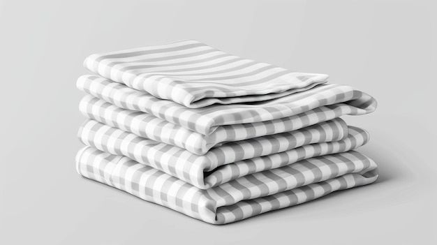 Фото Современная реалистичная иллюстрация сложенных белых шариковых полосатых кухонных полотенцев, установленных изолированно на белом фоне.
