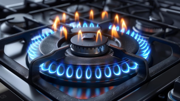 透明な背景の青い炎で調理するオーブンでプロパンブタンを燃やす現代的な現実的なモッケージ