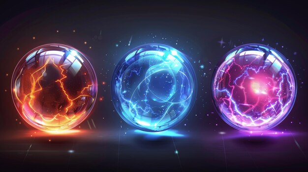 A modern realistic set of 3D safety power barriers and magic glass spheres with white patterns and glows isolated on a black background featuring energy bubble shields and shiny force fields