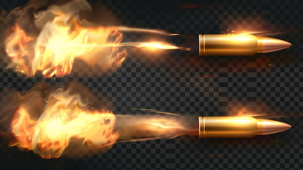 Photo modern realistic set of fired bullets from a weapon gun or pistol with smoke trail isolated on transparent background