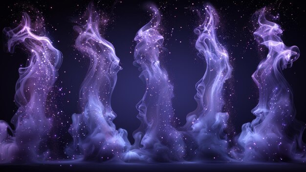 Photo a modern realistic set of flowing violet clouds of fog or steam with shimmer isolated on black with purple paint powder splashes glitter and sparkle particles in the air