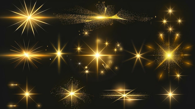 Photo modern realistic set of golden flares with shiny beams gold star shine effects isolated on black background