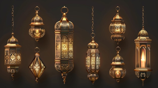 Фото Современный реалистичный набор висящих светящихся ламп с золотыми арабскими орнаментами исламские блестящие фанусы изолированы на прозрачном фоне