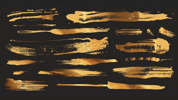 Modern realistic set of yellow metal textures yellow brush strokes smudges luxury design elements isolated on dark transparent background