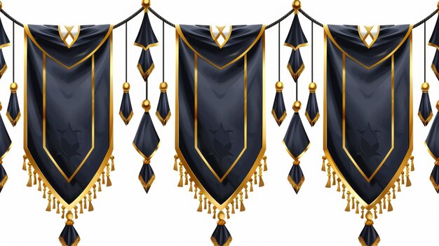 Photo modern realistic template of blank textile pennons different shapes with golden tassel fringe on gold pillars