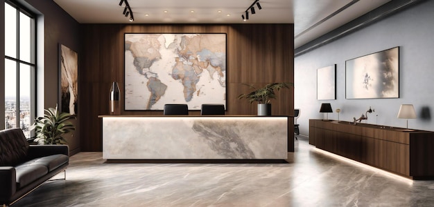 The modern reception area in an office has a gray wall and wooden floors