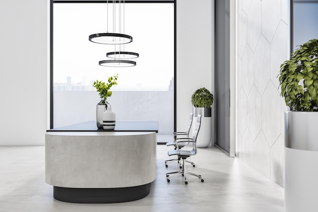 Photo modern reception desk in concrete interior with decorative plants chairs and window panoramic city view 3d rendering