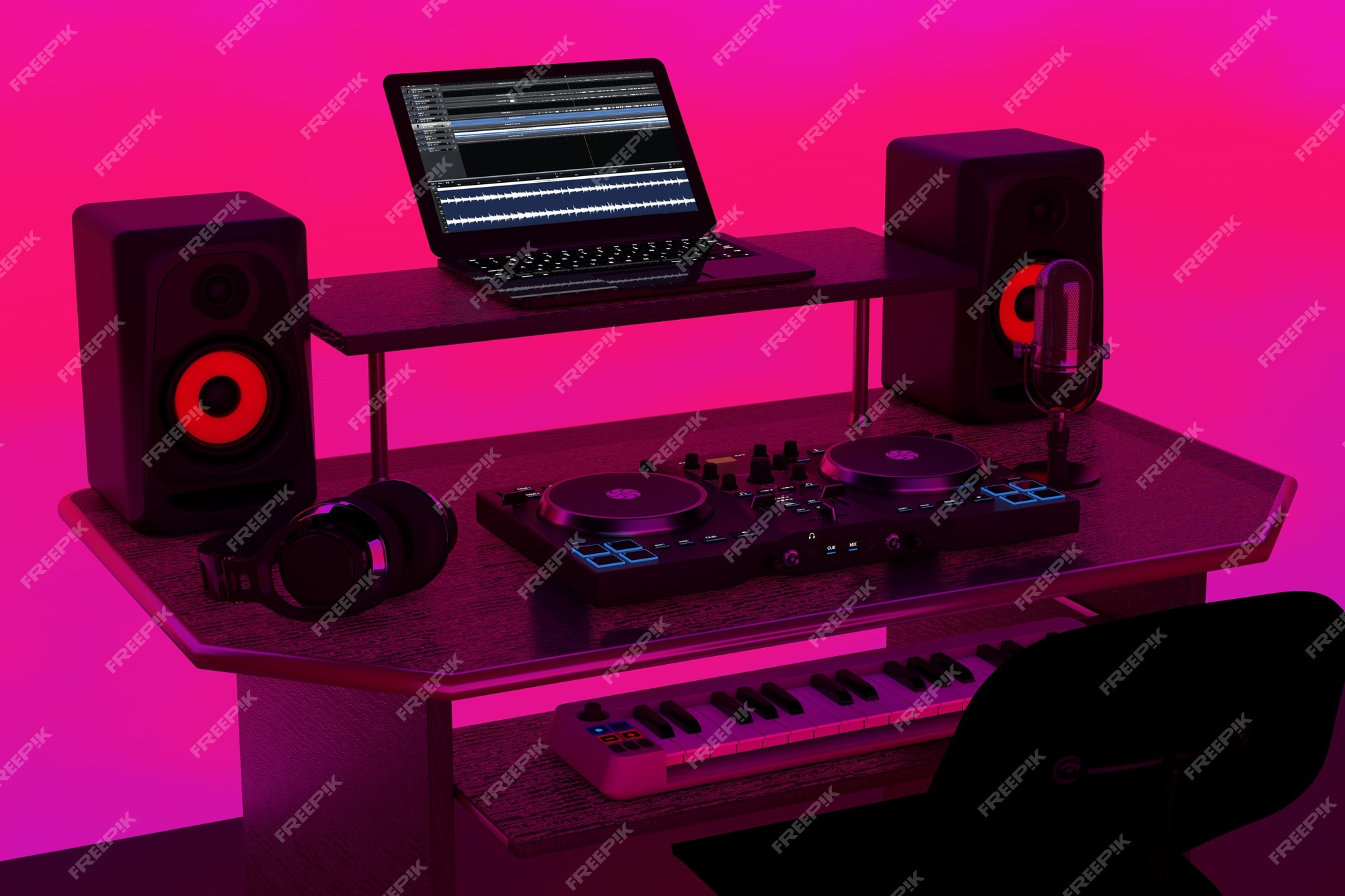 Premium Photo | Modern recording music home studio, dj workplace with  electronic equipment and instruments on a abstract pink background. 3d  rendering