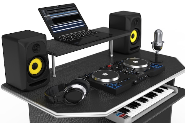 Modern Recording Music Home Studio with Electronic Equipment and Instruments on a white background. 3d Rendering