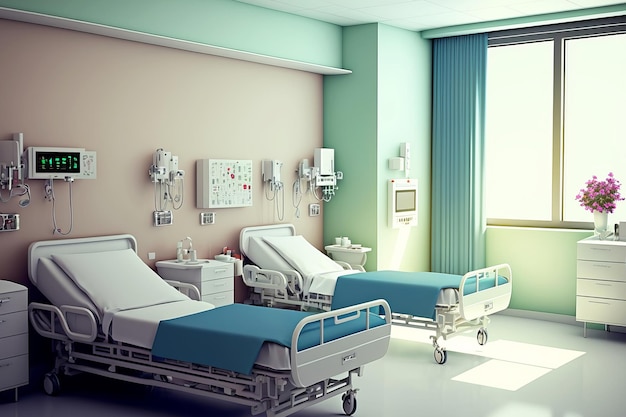 Modern recovery room with beds and comfortable medical equipment Generative AI illustration