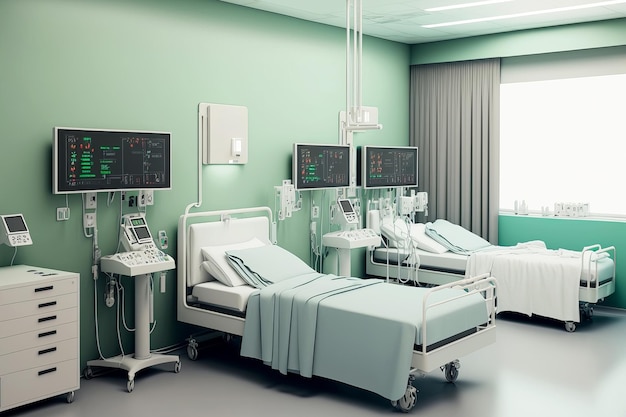 Modern recovery room with beds and comfortable medical equipment Generative AI illustration