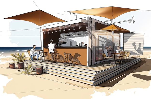 Modern recycled bar with chairs and tables outside in the beach