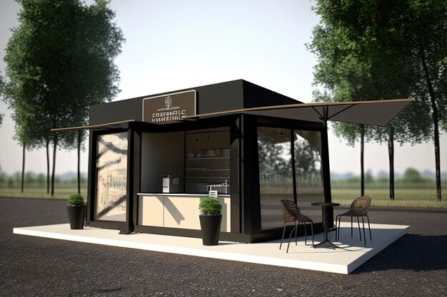 Modern recycled bar with chairs and tables outside in the country