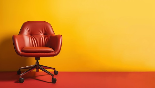 Modern red armchair on yellow background Space for text