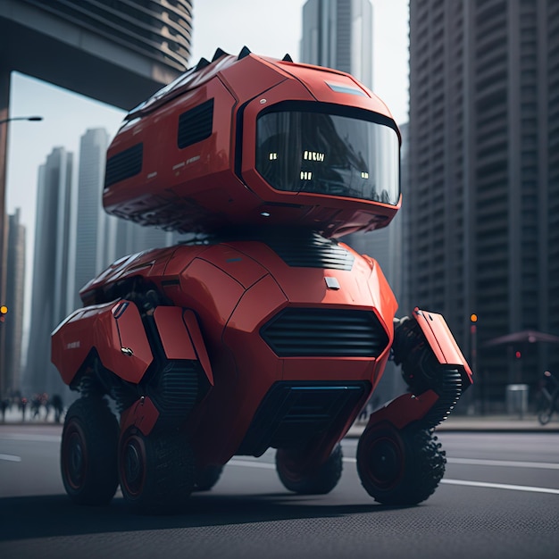A modern red delivery robot with city in the background generative ai