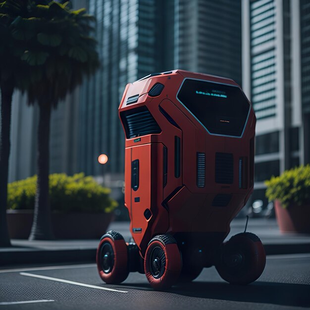 A modern red delivery robot with city in the background generative ai