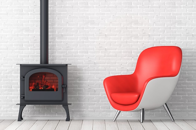 현대적인 빨간색 가죽 타원형 모양은 벽돌 벽 앞에서 붉은 뜨거운 불꽃에 굽는 굴뚝 파이프와 장작이 있는 클래식 Ðžpen 홈 벽난로 스토브가 있는 의자를 이완합니다. 3d 렌더링