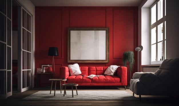 Modern red sofa in a bright living room Generative AI