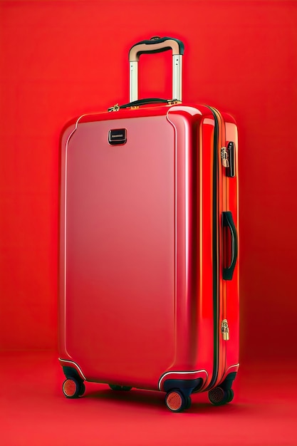 Modern red suitcase on a red background