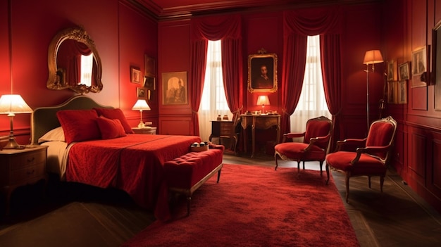 Modern red vintage hotel bedroom interior design AI Generated art