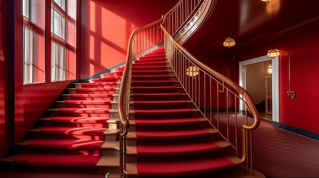 Modern red vintage luxury hotel stairs interior design AI Generated art