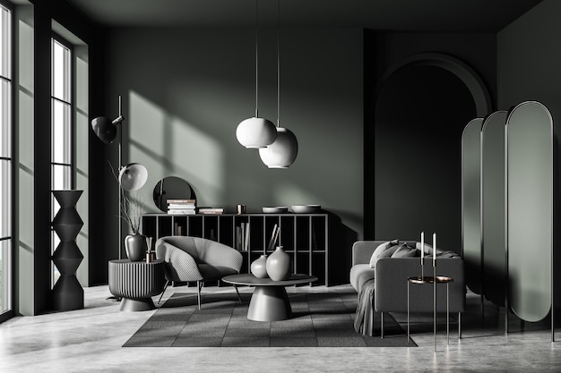 modern relax interior with couch shelf with decor and panoramic window