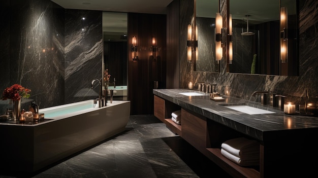 Современная ванная комната для отдыха с черно-белыми мраморными плитками