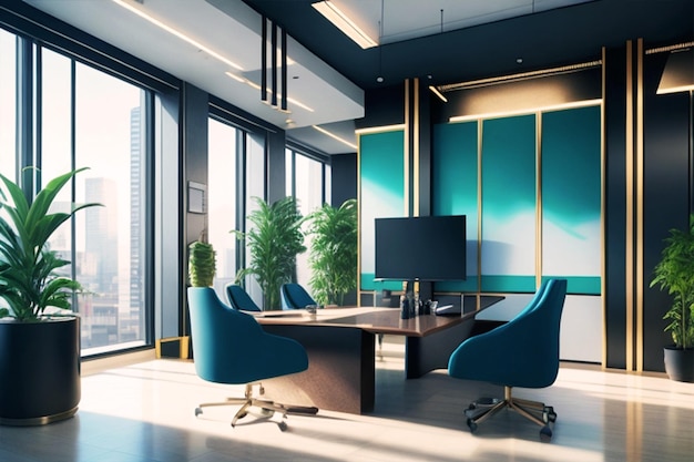 Современный рендеринговый рабочий зал на корпоративных офисных зданиях и бизнесе