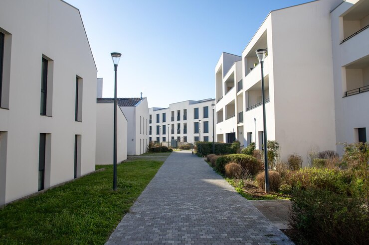 Photo modern residential area with green spaces and footpath access pathways