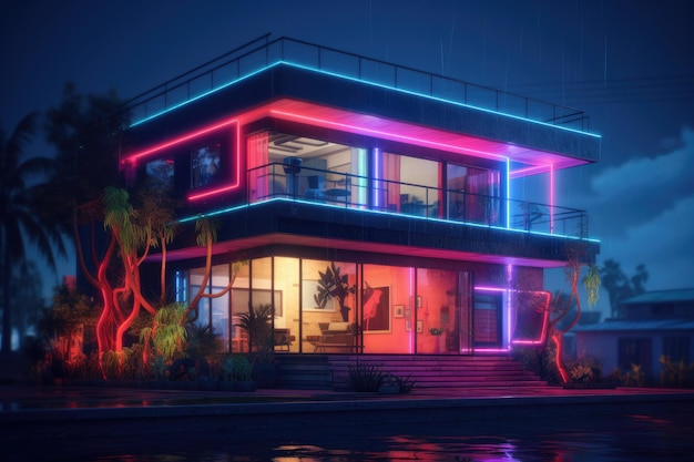 Photo modern residential building with beautiful neon lighting construction examples generative ai