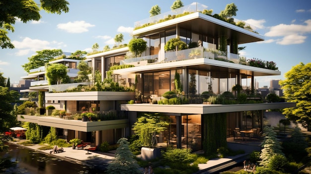 Modern residential district with green roof and balcony