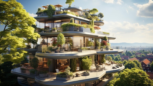 Modern residential district with green roof and balcony