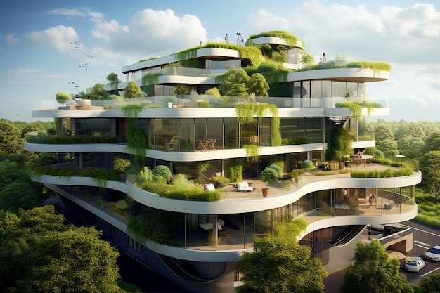 modern residential district with green roof and balcony