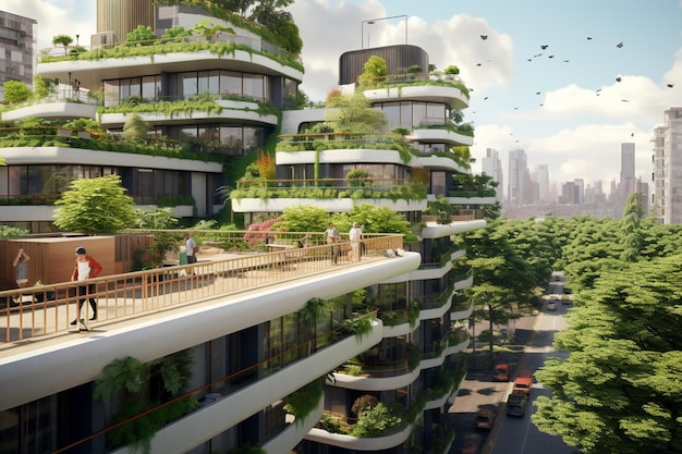 modern residential district with green roof and balcony