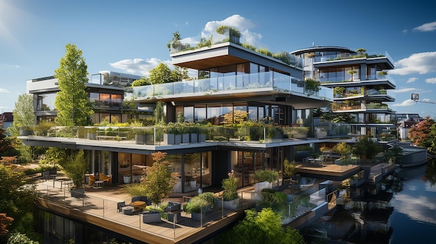 Modern residential district with green roof and balcony