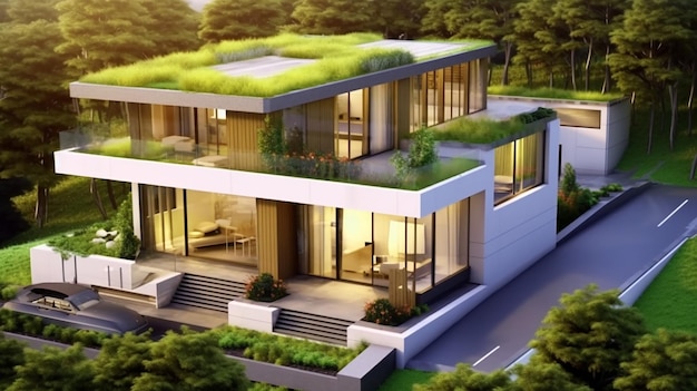 Modern residential district with green roof