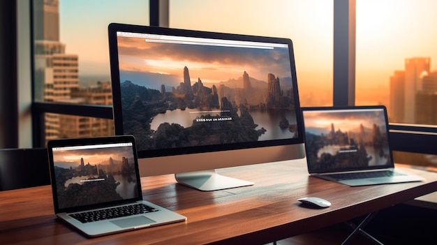 Фото Современный адаптивный дизайн веб-страницы, показанный на ноутбуке, планшете и телефонных устройствах на офисном столе генеративный ии