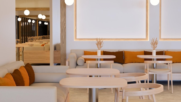 Modern restaurant or coffee shop interior with modern coffee table comfy couch with colourful pillow