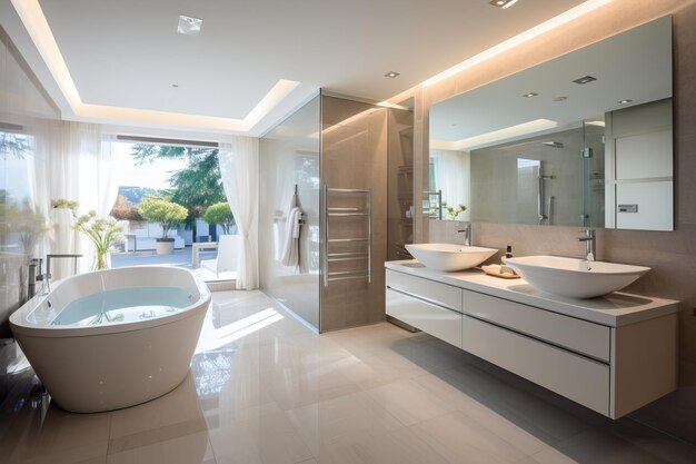 Modern restroom with bathtubs and vanities Property Interiors