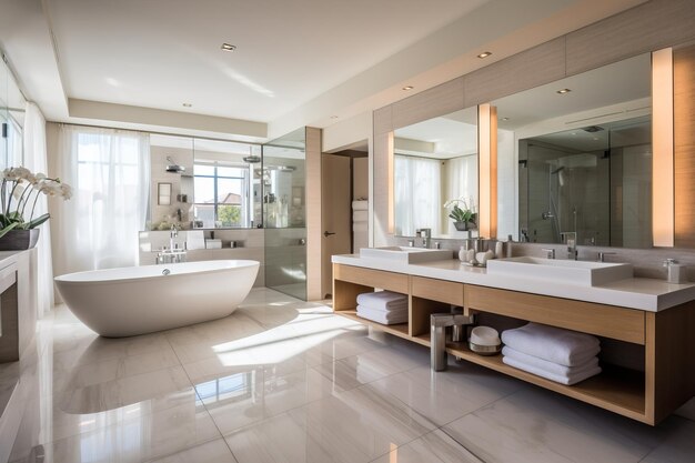 Modern restroom with bathtubs and vanities Property Interiors