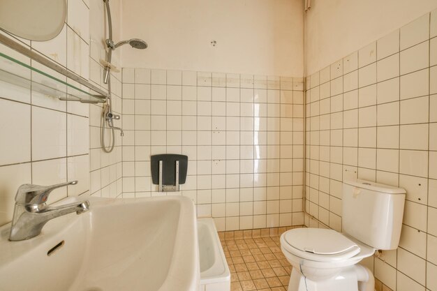 Modern restroom with beige walls