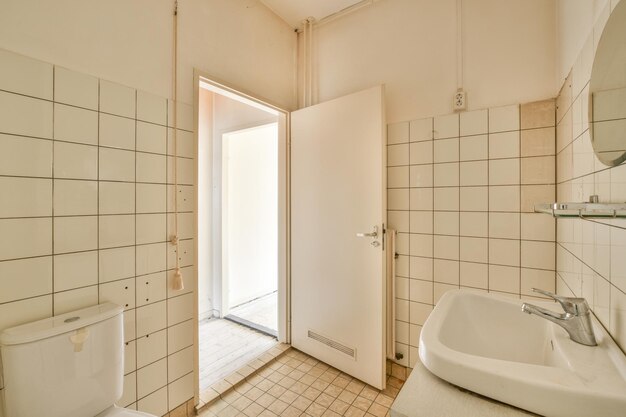 Modern restroom with beige walls