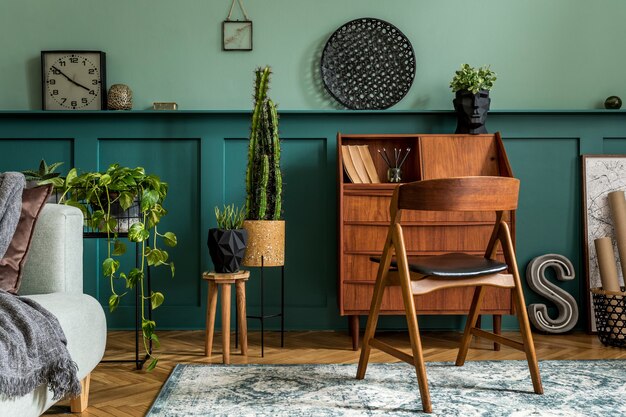 나무 캐비닛, 의자, 식물, 장식 및 우아한 개인 액세서리를 갖춘 홈 오피스 인테리어의 현대적이고 복고풍 구성입니다. 가정 장식의 세련된 빈티지 개념입니다. 목재 패널. 주형.
