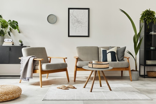 디자인 소파, 안락 의자, 커피 테이블, 식물, 포스터지도, 카펫 및 개인 accessoreis를 모의 홈 인테리어의 현대 복고풍 개념. 거실의 세련된 가정 장식.