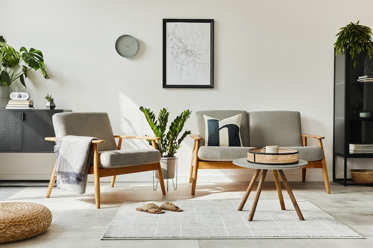 Foto modern retro concept van interieur met designbank, fauteuil, salontafel, planten, mock-up posterkaart, tapijt en persoonlijke accessoires. stijlvol huisdecor van woonkamer.
