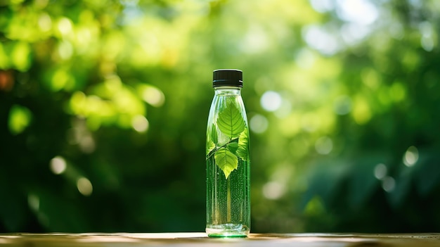 Photo a modern reusable water bottle on a wooden surface against a green background this eco