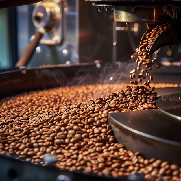 A modern roasting method using a machine is depicted A large coffee roaster is filled with freshly