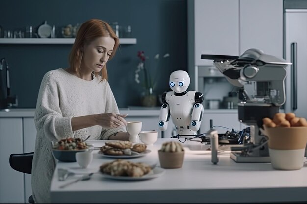 Modern robot equipped with Generative AI assists a solitary woman in the kitchen