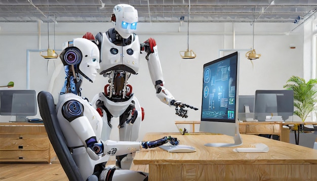 Современный робот, работающий в современном офисе Концепция искусственного интеллекта